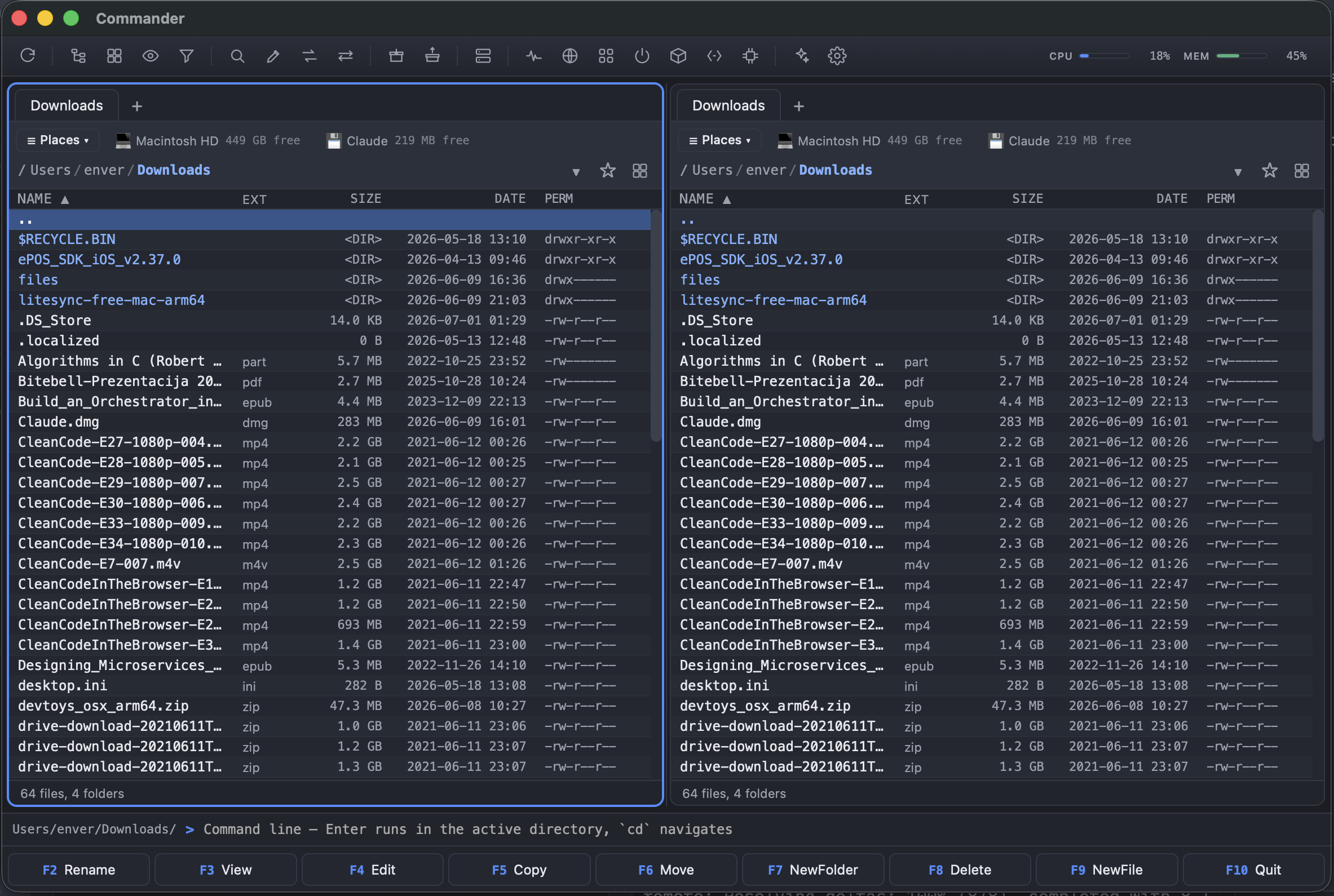 Commander in Advanced mode — dual panes with a permission column and command line