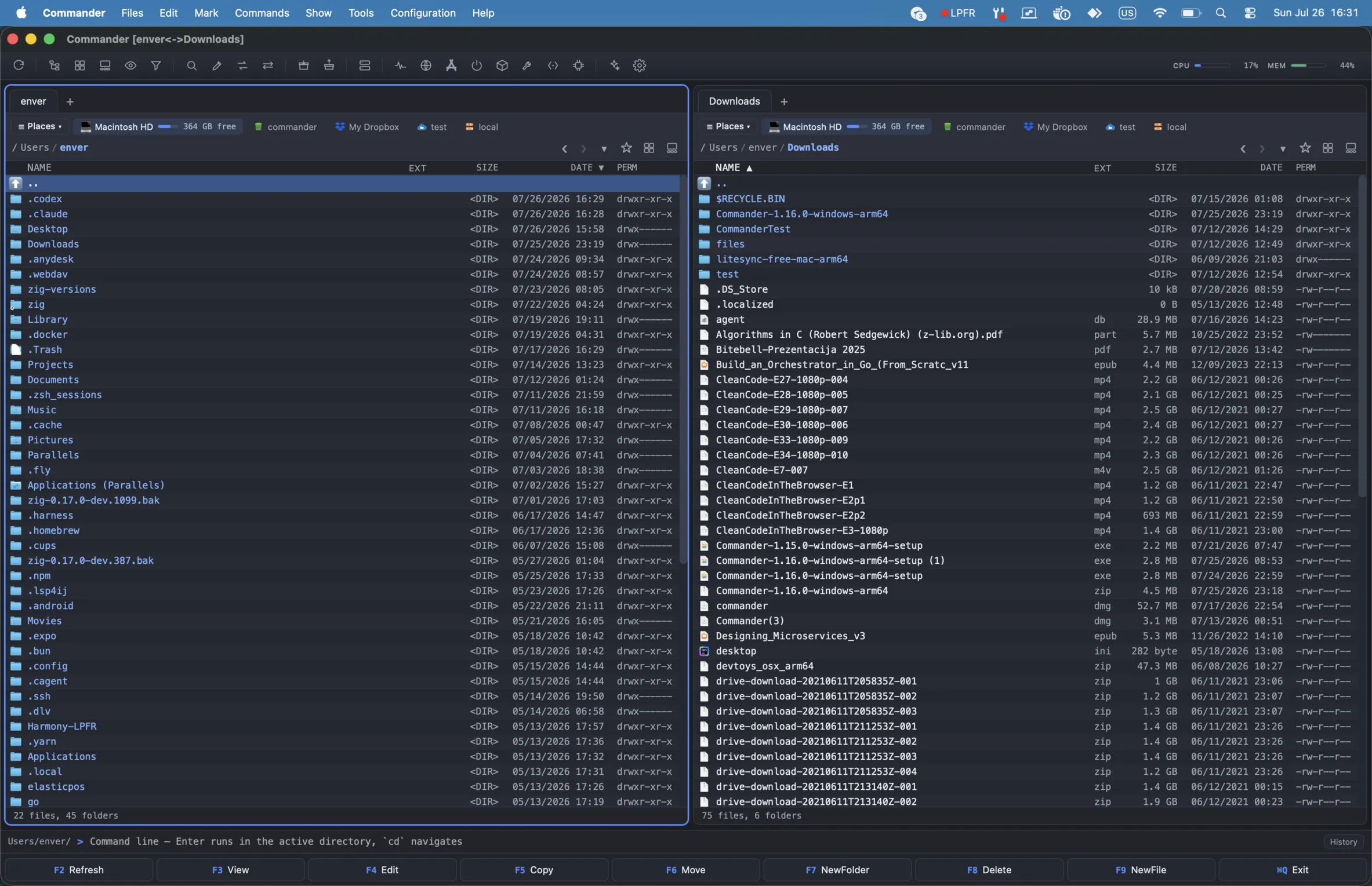 Commander in Advanced mode — dual panes with a permission column and command line